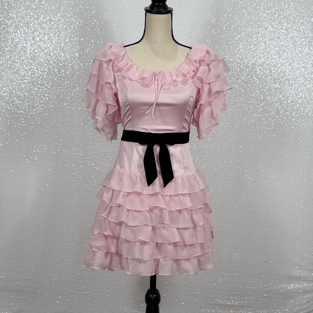 For Love & Lemons Danali Ruffle Pink Ruffle Mini Dress with Black bow - Picture 11 of 16